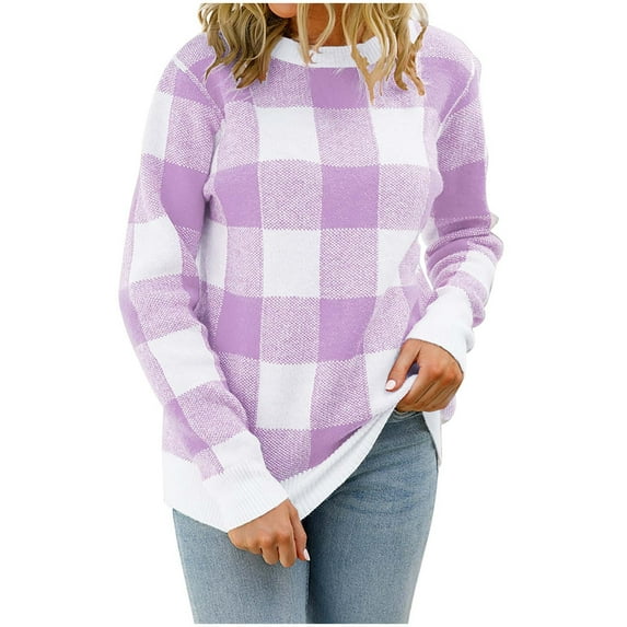 IROINNID Reduced Womens Sweater Round Neckline Pullover Sweater Plaid Casual Mid-Length Long Sleeve Autumn and Winter Knit Sweater