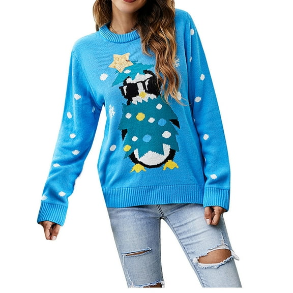 IROINNID Womens Sweater Round Neckline Pullover Sweater Print Comfy Mid-Length Long Sleeve Christmas Sweater Top