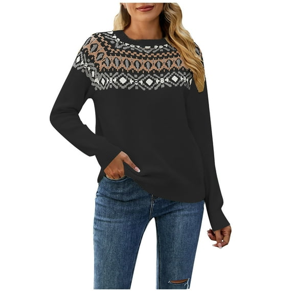 IROINNID Reduced Womens Sweater Round Neckline Pullover Sweater Print Leisure Short Length Long Sleeve Retro Knitting Sweater