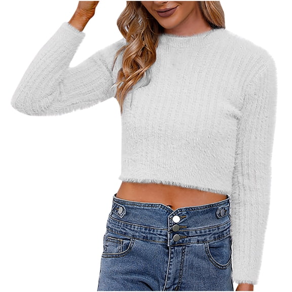 IROINNID Womens Sweater Round Neckline Pullover Sweater Solid Color Casual Short Length Long Sleeve Shirt Sweater