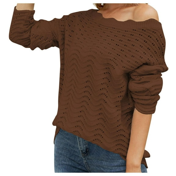 IROINNID Womens Sweater Round Neckline Pullover Sweater Solid Color Comfy Mid-Length Long Sleeve Hollow Knitwear Straight Socket Sweater