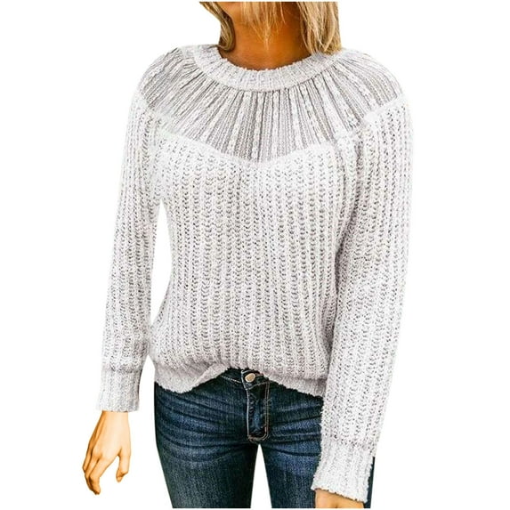 IROINNID Reduced Womens Sweater Round Neckline Pullover Sweater Solid Color Comfy Short Length Long Sleeve Summer Lace Patchwork Blouse Knitted Sweater