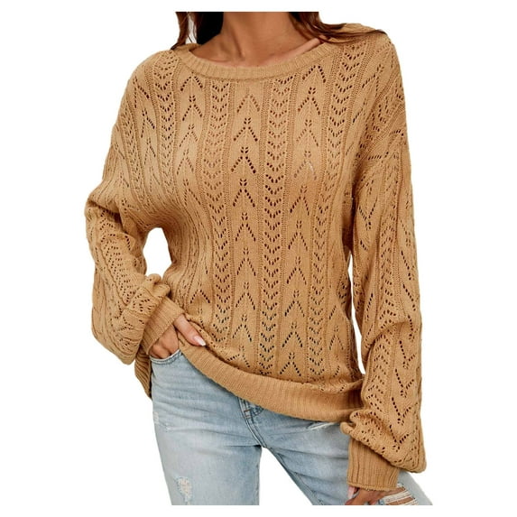 IROINNID Womens Sweater Round Neckline Pullover Sweater Solid Color Leisure Mid-Length Long Sleeve Plus Size Tops Sweater Blouse