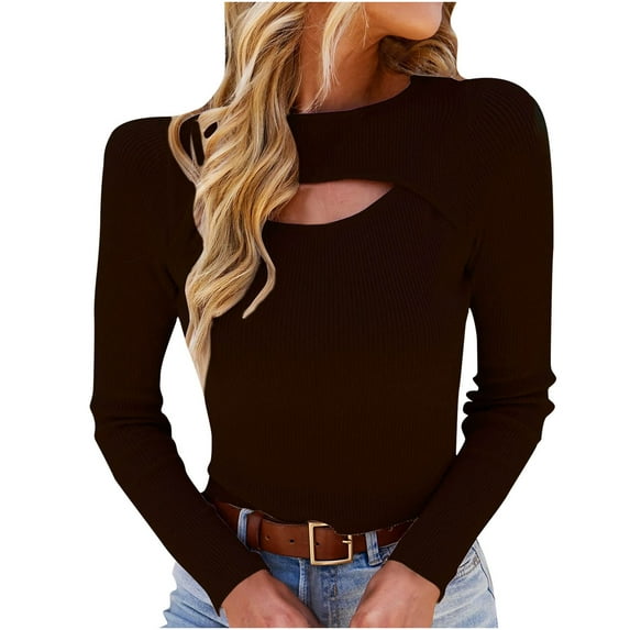 IROINNID Womens Sweater Round Neckline Pullover Sweater Solid Color Leisure Short Length Long Sleeve Slim Fit Sweater Knit Hollow Top Sweater