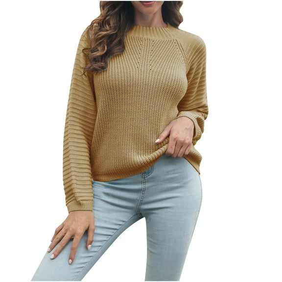 IROINNID Womens Sweater Round Neckline Pullover Sweater Solid Color Loose Mid-Length Long Sleeve Tops Blouse Knitted Sweater