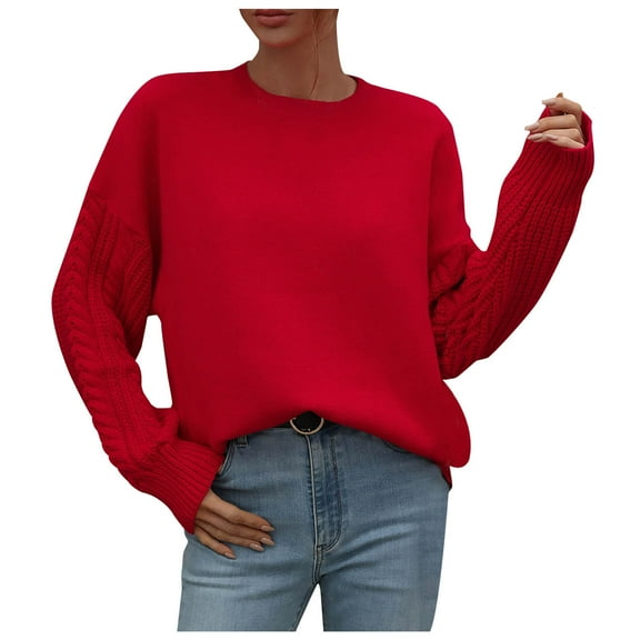IROINNID Womens Sweater Round Neckline Pullover Sweater Solid Color Loose Short Length Long Sleeve Knitting Thick Needle Twisted Rope Sweaters Blouse
