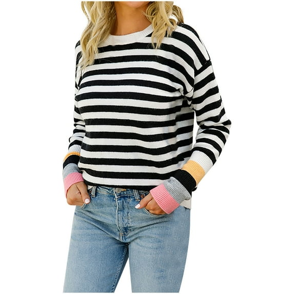 IROINNID Reduced Womens Sweater Round Neckline Pullover Sweater Stripes Leisure Mid-Length Long Sleeve Autumn and Winter Knit Sweater