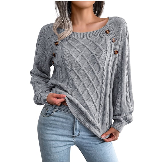 IROINNID Reduced Womens Sweater Scoop Neck Pullover Sweater Solid Color Loose Mid-Length Long Sleeve Sweater Button Blouse Autumn Tops