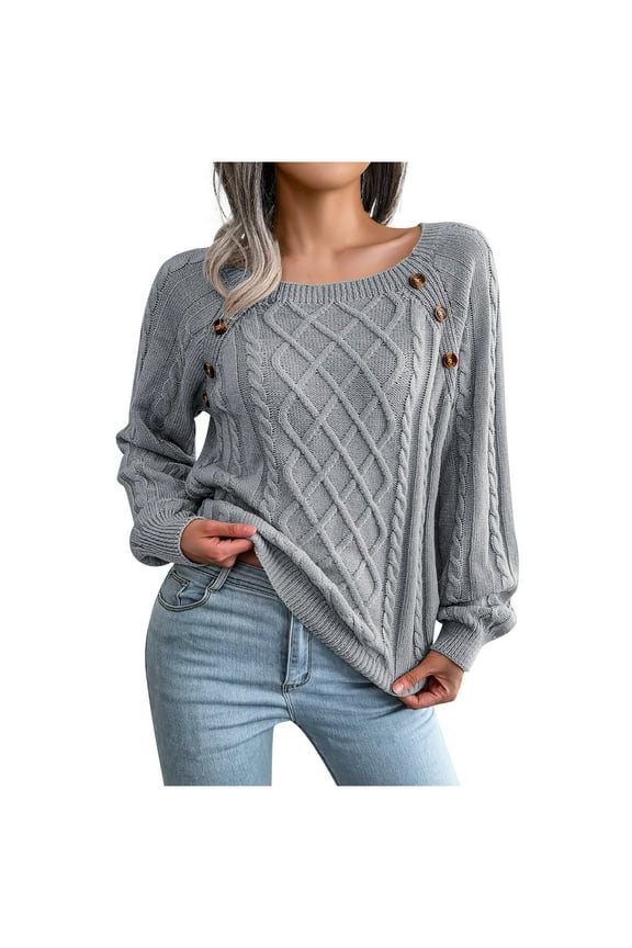Womens Sweater Scoop Neck Pullover Sweater Solid Color Loose Mid-Length Long Sleeve Sweater Button Blouse Autumn Tops
