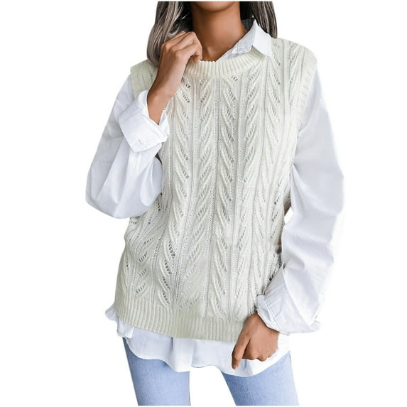 IROINNID Reduced Womens Sweater Sweater Vest Round Neckline Pullover Sweater Solid Color Loose Short Length Sleeveless Hollow Knitted Vest Sweater Vest