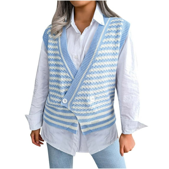 IROINNID Womens Sweater Sweater Vest V-Neck Pullover Sweater Stripes Casual Short Length Sleeveless Splicing Sweater Vest