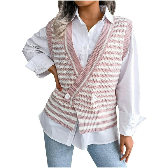 IROINNID Womens Sweater Sweater Vest V-Neck Pullover Sweater Stripes Casual Short Length Sleeveless Splicing Sweater Vest