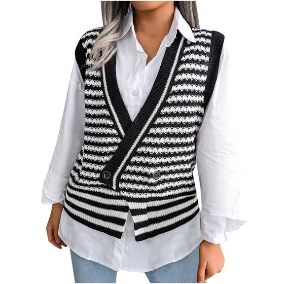 IROINNID Womens Sweater Sweater Vest V-Neck Pullover Sweater Stripes Casual Short Length Sleeveless Splicing Sweater Vest