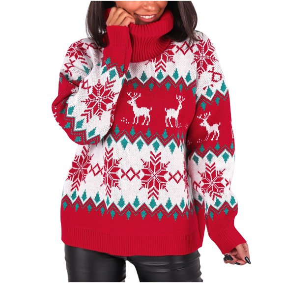 IROINNID Womens Sweater Turtleneck Pullover Sweater Graphic Prints Leisure Mid-Length Long Sleeve Collar Stylish Christmas Knit Sweater Top