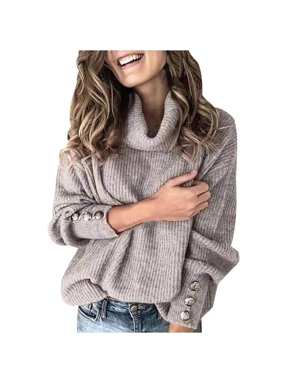 Womens Sweater Turtleneck Pullover Sweater Solid Color Leisure Mid-Length Long Sleeve Knitted Jumper Sweater Elegant Tops