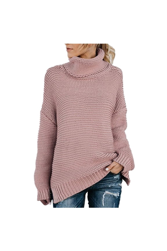 Womens Sweater Turtleneck Pullover Sweater Solid Color Loose Mid-Length Long Sleeve Thick Line Sweater