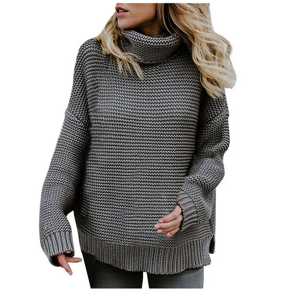 IROINNID Womens Sweater Turtleneck Pullover Sweater Solid Color Loose Mid-Length Long Sleeve Thick Line Sweater