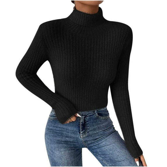 IROINNID Reduced Womens Sweater Turtleneck Pullover Sweater Solid Color Loose Short Length Long Sleeve Sweater