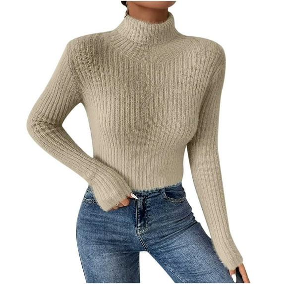 IROINNID Reduced Womens Sweater Turtleneck Pullover Sweater Solid Color Loose Short Length Long Sleeve Sweater