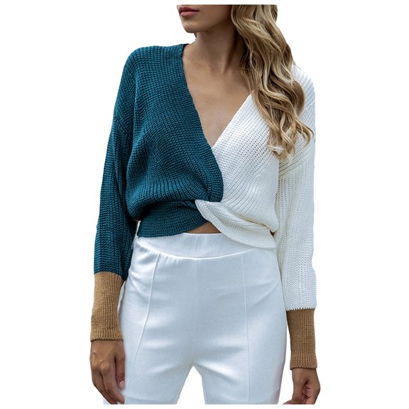 IROINNID Womens Sweater V-Neck Pullover Sweater Color Block Casual Short Length Long Sleeve Summer Fashion Blouse