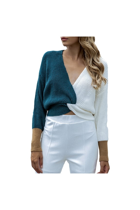 Womens Sweater V-Neck Pullover Sweater Color Block Casual Short Length Long Sleeve Summer Fashion Blouse