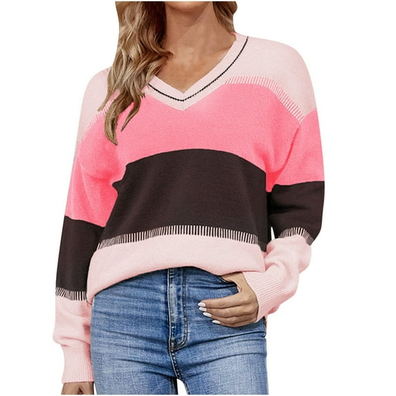 IROINNID Reduced Womens Sweater V-Neck Pullover Sweater Color Block Comfy Short Length Long Sleeve Sexy Tops Blouse