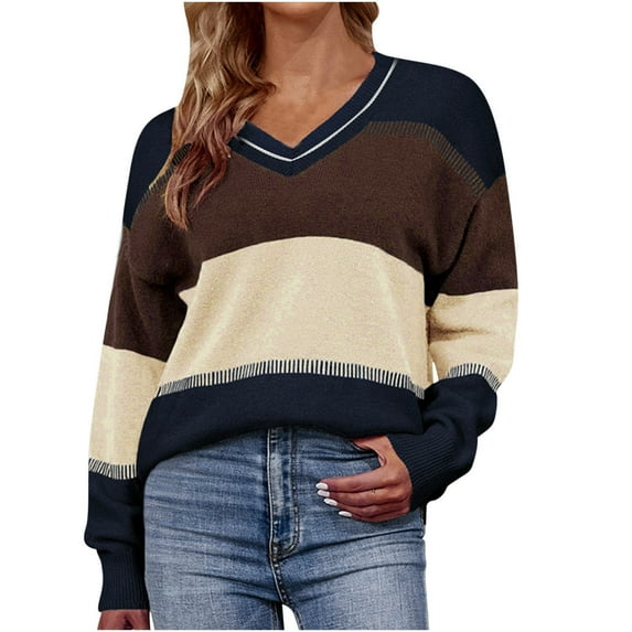 IROINNID Womens Sweater V-Neck Pullover Sweater Color Block Comfy Short Length Long Sleeve Tops Blouse