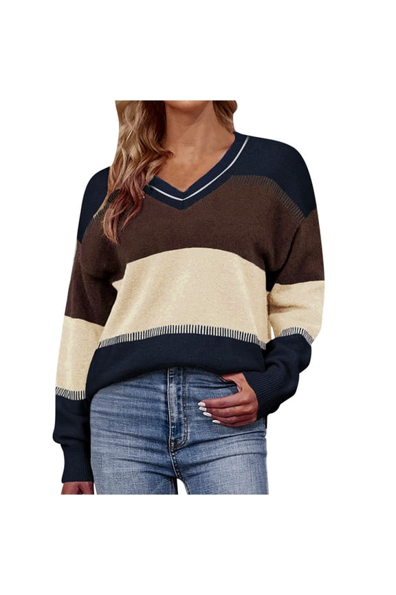 Womens Sweater V-Neck Pullover Sweater Color Block Comfy Short Length Long Sleeve Tops Blouse