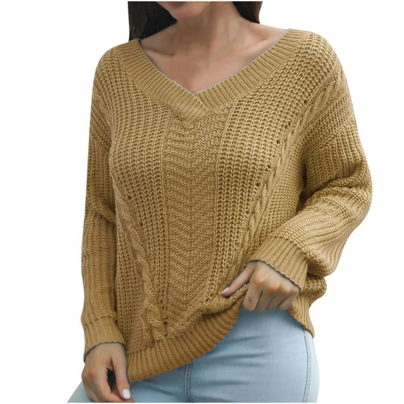 IROINNID Reduced Womens Sweater V-Neck Pullover Sweater Solid Color Casual Mid-Length Long Sleeve Hollow Sweater Autumn and Winter and Knitted Sweaters