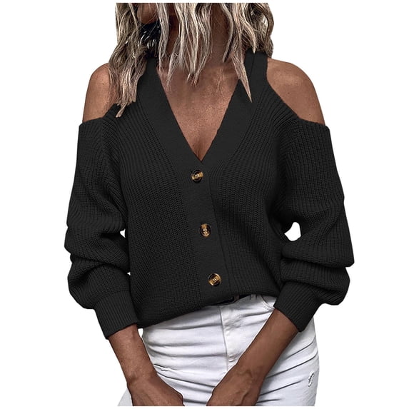 IROINNID Reduced Womens Sweater V-Neck Pullover Sweater Solid Color Casual Short Length Long Sleeve Winter Button Sweater Tops