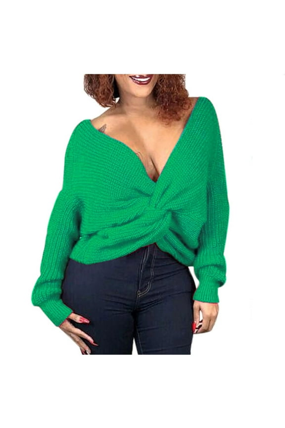 Womens Sweater V-Neck Pullover Sweater Solid Color Comfy Mid-Length Long Sleeve Deep Cross Two-Wear Sweater