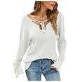 thumbnail image 1 of IROINNID Womens Sweater V-Neck Pullover Sweater Solid Color Comfy Mid-Length Long Sleeve Top Knitting and Lace-Up Sweater, 1 of 7