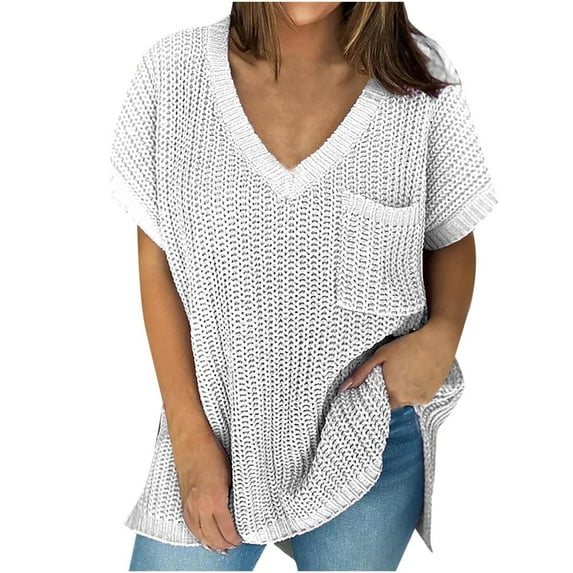 IROINNID Womens Sweater V-Neck Pullover Sweater Solid Color Comfy Mid-Length Short Sleeve Sweater Tops