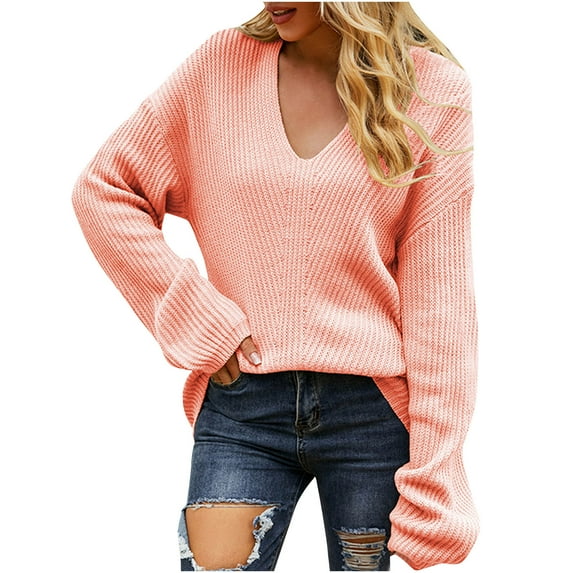 IROINNID Reduced Womens Sweater V-Neck Pullover Sweater Solid Color Comfy Short Length Long Sleeve Autumn Winter Sweater Tops