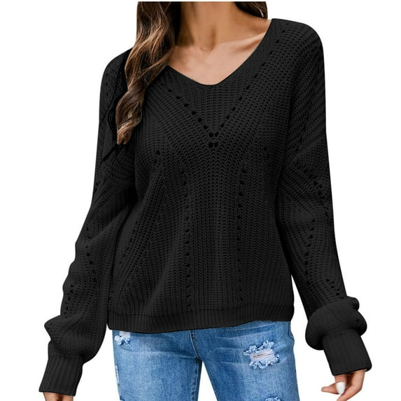IROINNID Reduced Womens Sweater V-Neck Pullover Sweater Solid Color Comfy Short Length Long Sleeve Chunky Knit Drop Bat-Wing Sleeve Sweater Top