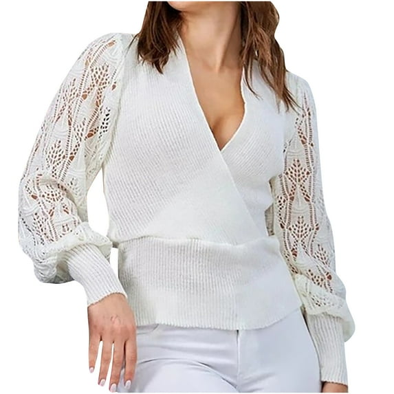 IROINNID Reduced Womens Sweater V-Neck Pullover Sweater Solid Color Leisure Mid-Length Long Sleeve Hollow Sweater