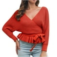 thumbnail image 1 of IROINNID Reduced Womens Sweater V-Neck Pullover Sweater Solid Color Leisure Short Length Long Sleeve Tight-Fitting Pleated Knit Sweater Top, 1 of 5