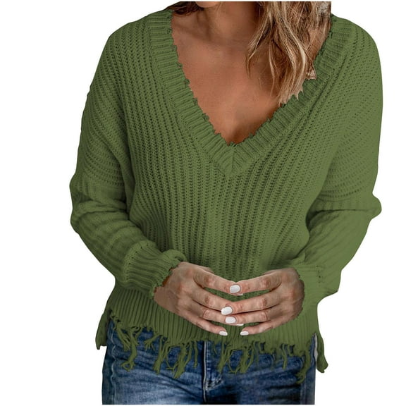 IROINNID Womens Sweater V-Neck Pullover Sweater Solid Color Loose Mid-Length Long Sleeve Ruched Blouse Tops