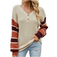 thumbnail image 1 of IROINNID Reduced Womens Sweater V-Neck Pullover Sweater Stripes Loose Mid-Length Long Sleeve Button Knit Sweater Fall/Winter Lantern Sweater, 1 of 9