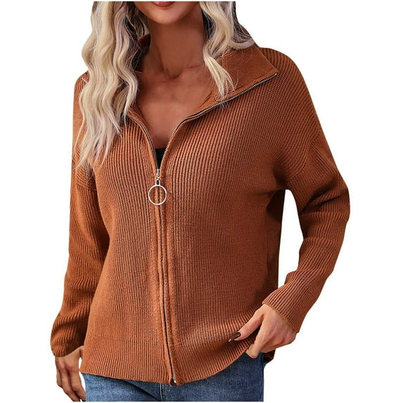 IROINNID Reduced Womens Sweater Zip Up Cover-Up Sweater Solid Color Comfy Mid-Length Long Sleeve Stand-Up Collar Sweater Tee Tops