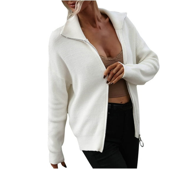 IROINNID Reduced Womens Sweater Zip Up Cover-Up Sweater Solid Color Comfy Mid-Length Long Sleeve Stand-Up Collar Sweater Tee Tops