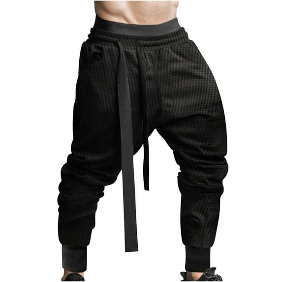 IROINNID Rollbacks Cargo Pants for Men Solid Color Sport Loose Pleated Small Legs Drawstring Solid Color Full Length Pants,Black