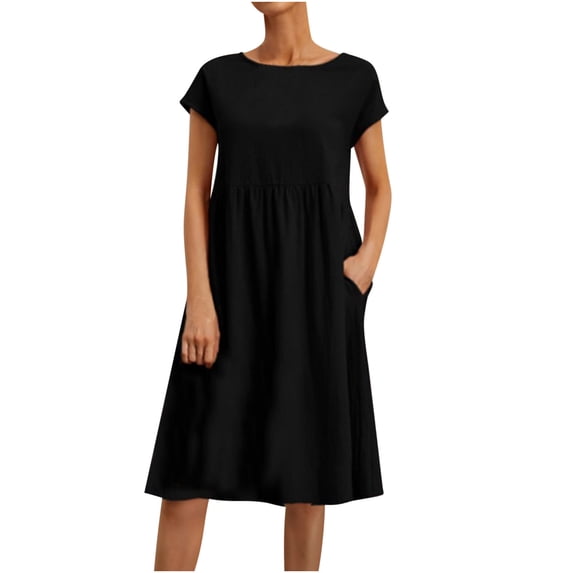 IROINNID Dress for Women 2023 Semi Formal Fall Dress Summer Cotton Linen Solid Color Round Neck Short Sleeve Midi Dress Fit&Flare Dress,Black