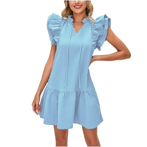 IROINNID Dress for Women 2023 Semi Formal Fall Dress Summer Round Neck Sold Color Sleeveless Pleated Fit&Flare Dress,Light Blue