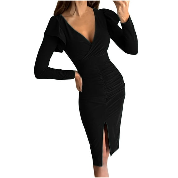 IROINNID Rollbacks Fall Dress for Women Semi Formal Evenning Party Bodycon Dress V Neck Solid Color Long Sleeve Long Dress Slim Evening Dress,Black