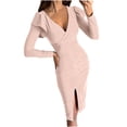 thumbnail image 1 of IROINNID Rollbacks Fall Dress for Women Semi Formal Evenning Party Bodycon Dress V Neck Solid Color Long Sleeve Long Dress Slim Evening Dress,Pink, 1 of 9
