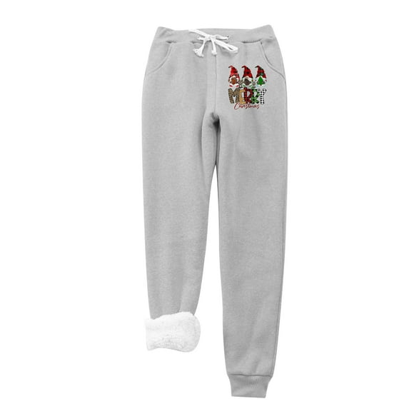 IROINNID Rollbacks Fleece Sweatpants for Women Fleece Christmas Dwarf Print Leggings Drawstring Waist Thick Warm Elastic Pants with Pockets,Gray