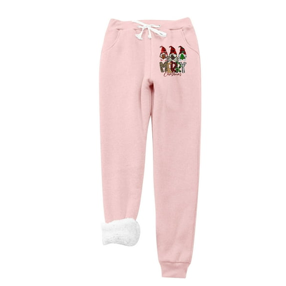 IROINNID Rollbacks Fleece Sweatpants for Women Fleece Christmas Dwarf Print Leggings Drawstring Waist Thick Warm Elastic Pants with Pockets,Pink