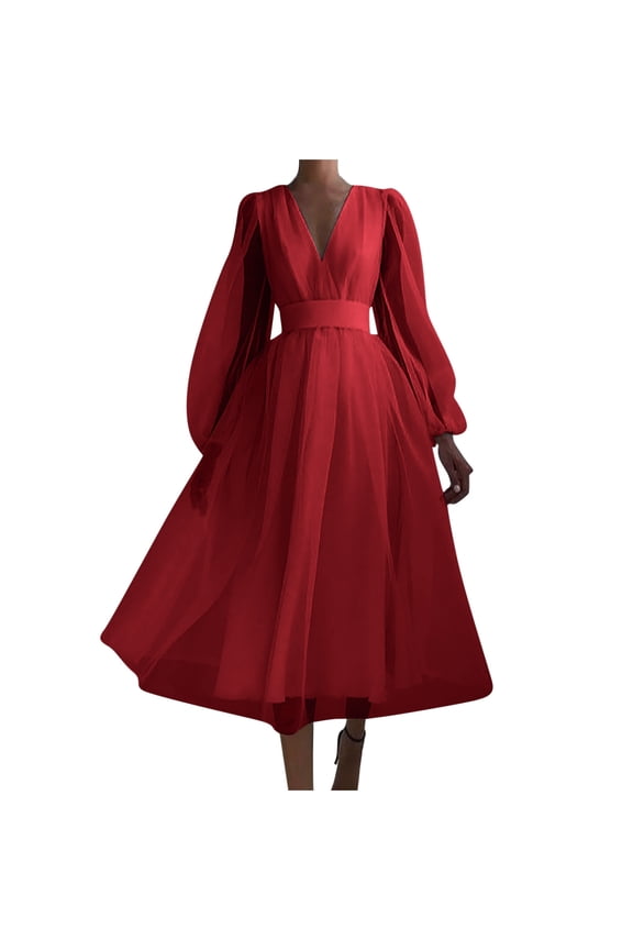 Formal Dress for Women Wedding Guest Evening Party Formal Dress V-neck High Waist Elastic Solid Color Wedding Dress Long Skirt Waist Dress,Burgundy