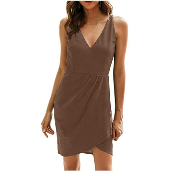 IROINNID Rollbacks Formal Dress for Women Wedding Guest Homecoming Party Trendy Summer Comfortable Sleeveless Slim V-neck Solid Sexy Evening Dress,Brown